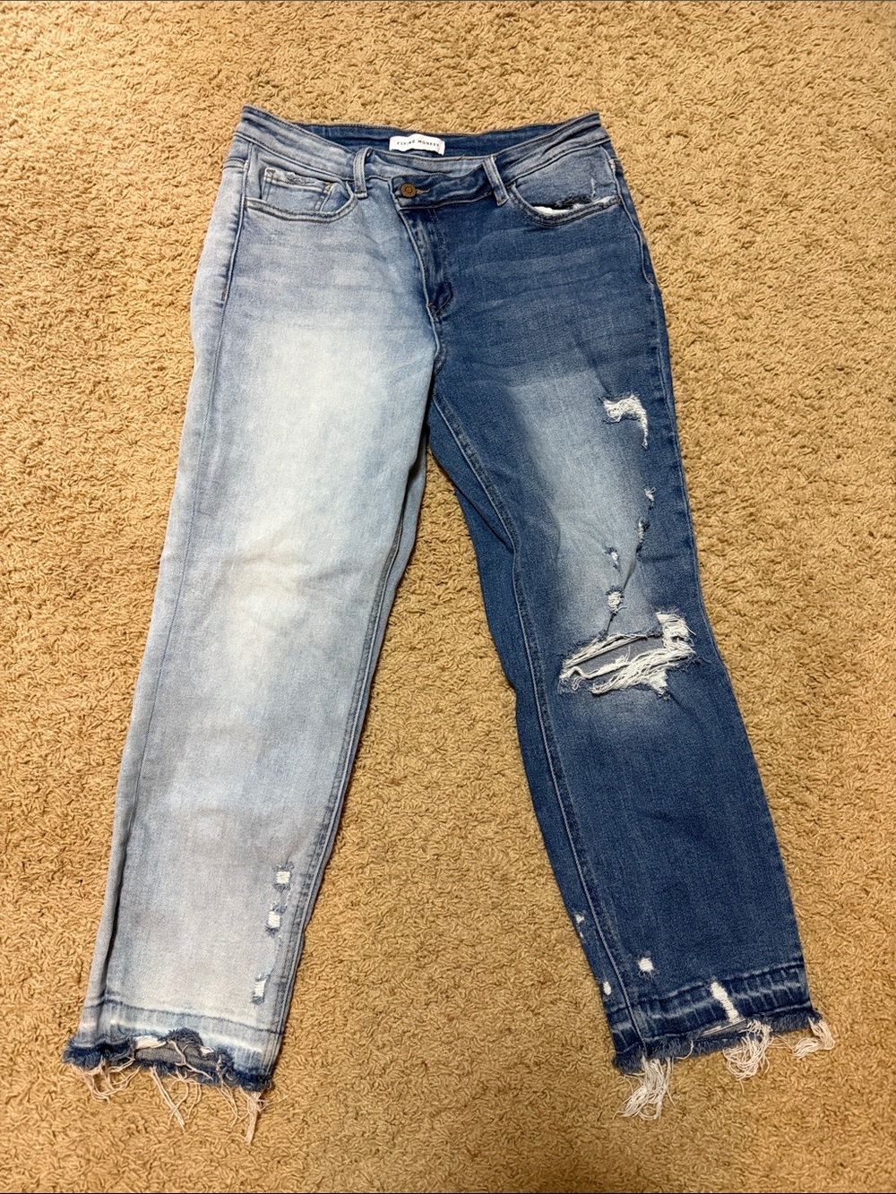 Flying Monkey Two-Tone Distressed Straight Leg Jeans - Light & Dark Blue